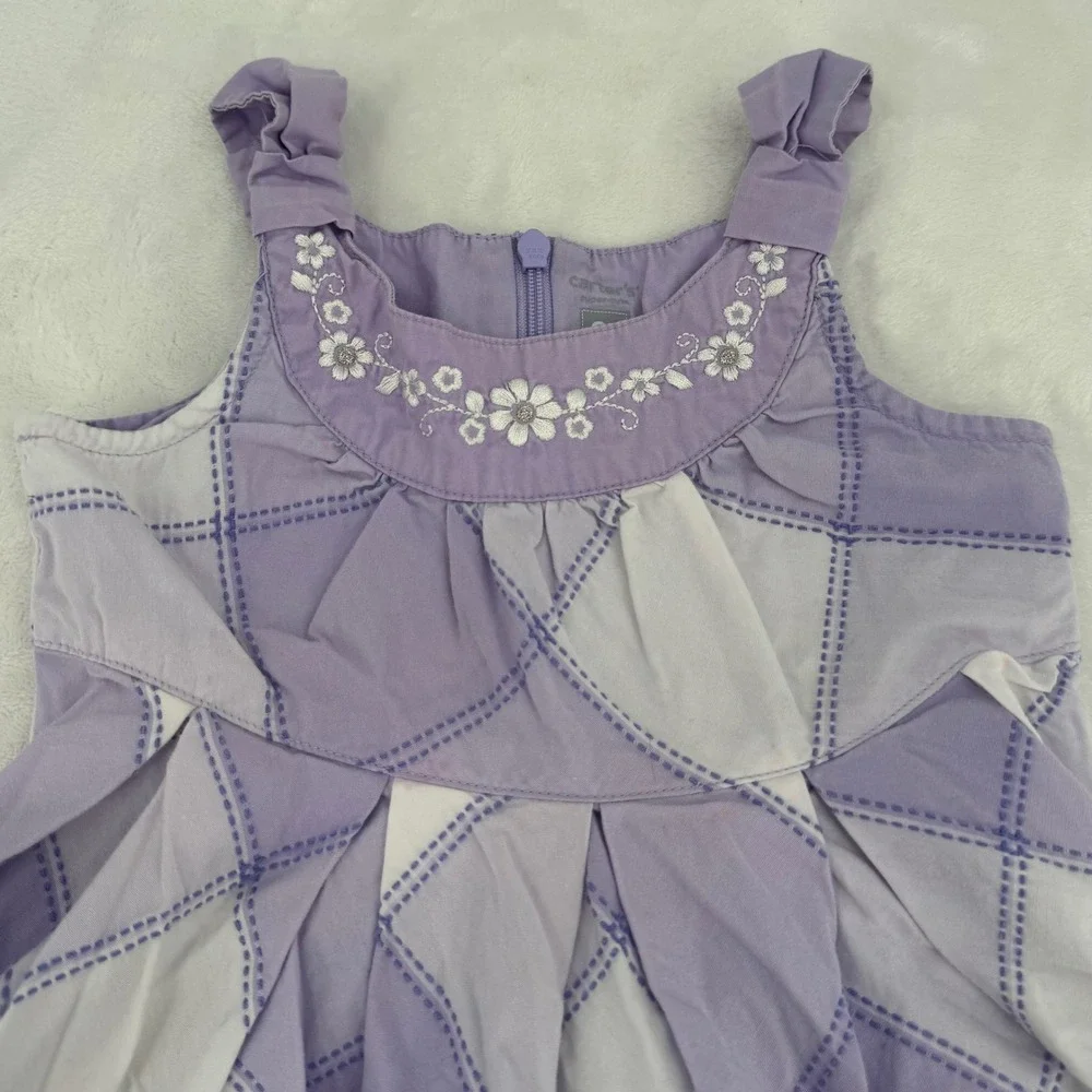 Carters Girls Purple & White Diamond Plaid Floral Embroidered Sun Dress Size 2T